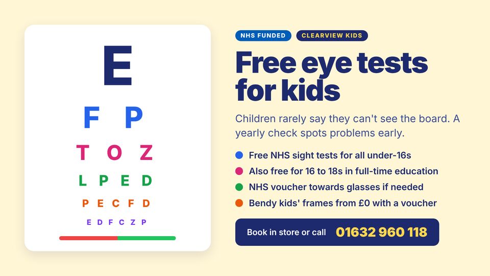 Optician template: Free kids eye tests. Free NHS eye tests for children, with an eye-chart graphic and help towards glasses.