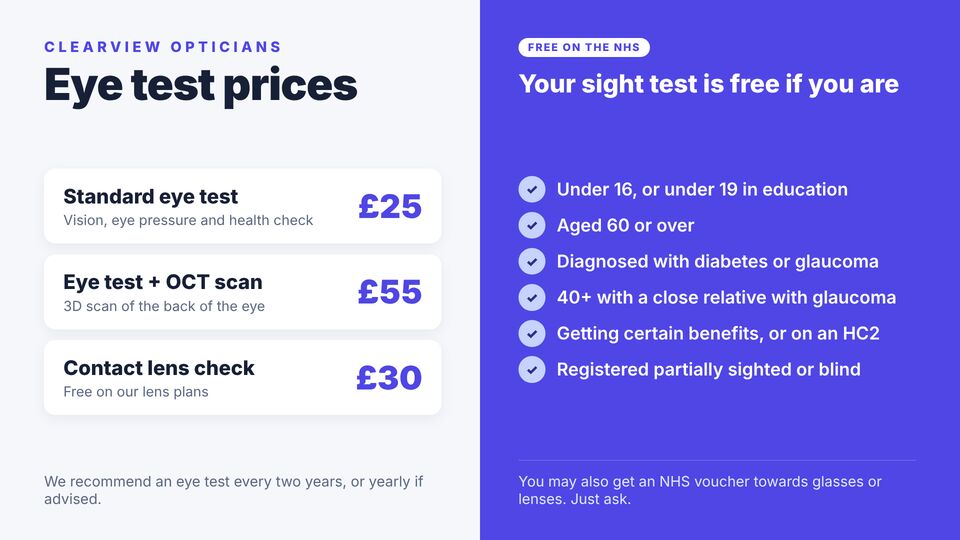 Optician template: Eye test prices & NHS eligibility. Private eye test prices alongside who qualifies for a free NHS sight test.