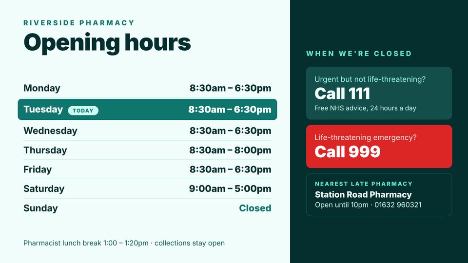 Pharmacy & vet template: Pharmacy opening hours. Weekly opening hours with today highlighted and what to do when closed.