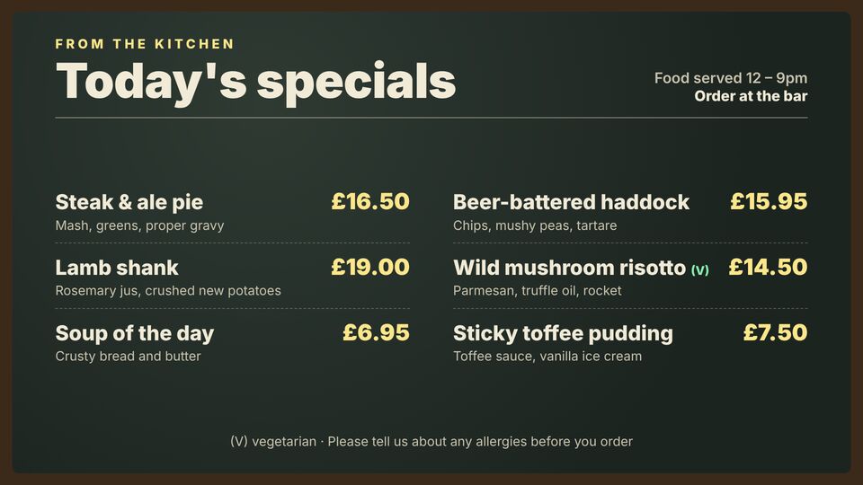 Pub & restaurant screen design: Today's specials (chalkboard)