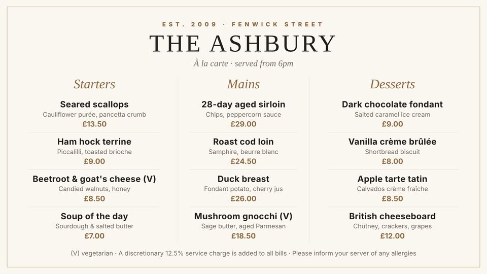 Restaurant screen design: À la carte menu. Classic cream and serif à la carte menu: starters, mains and desserts in three columns.