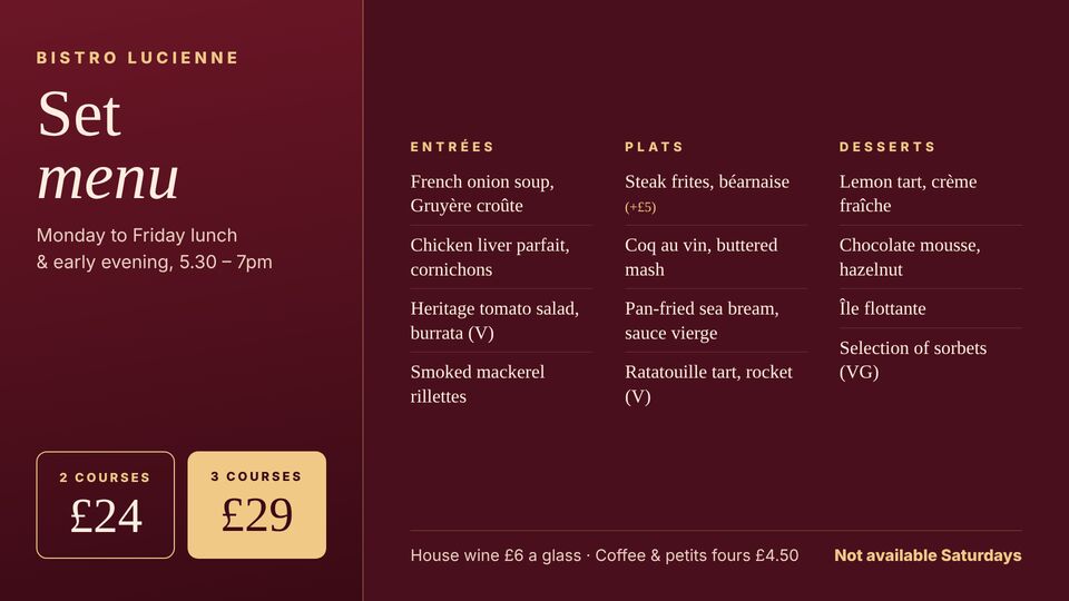 Restaurant template: Set menu. Burgundy two or three course set menu with prices and a choice of dishes per course.