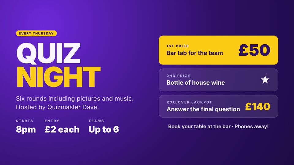 Pub & restaurant template: Quiz night. Weekly pub quiz with date and time, prizes and entry fee.