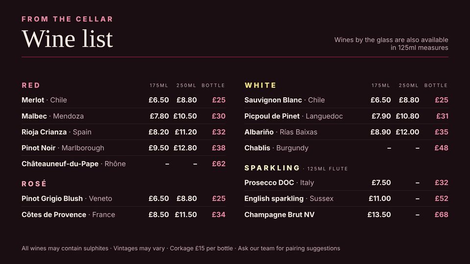 Restaurant template: Wine list. Dark wine list grouped by colour with region, 175ml glass, 250ml glass and bottle prices.