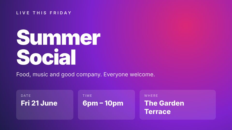Promotions screen design: Event poster. Title, date, time and place.