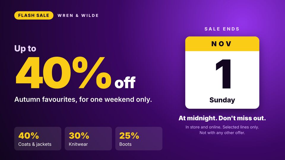 Promotions template: Limited-time sale. Flash sale with a big discount, category deals and a calendar-style end date.