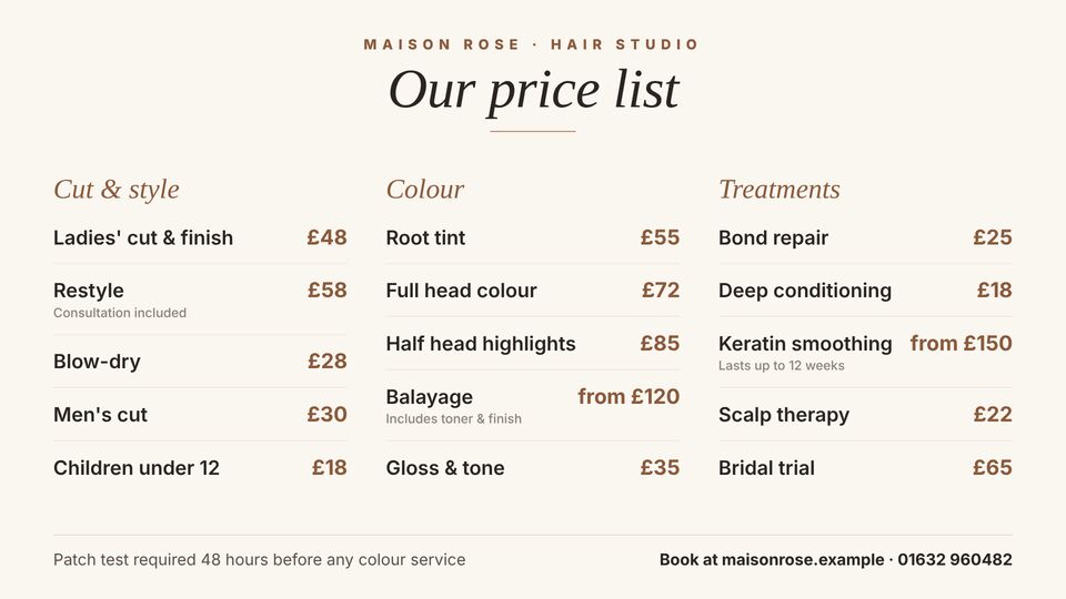 Salon & barber screen design: Salon price list
