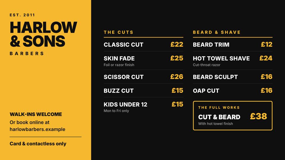 Salon & barber screen design: Barber price list. Bold dark barber menu: cuts, beard work and combos.