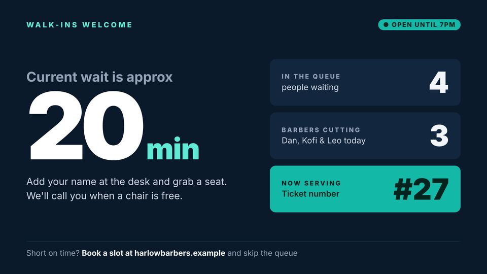 Salon & barber screen design: Walk-in wait time. Big approximate wait time with queue size, barbers free and now serving.