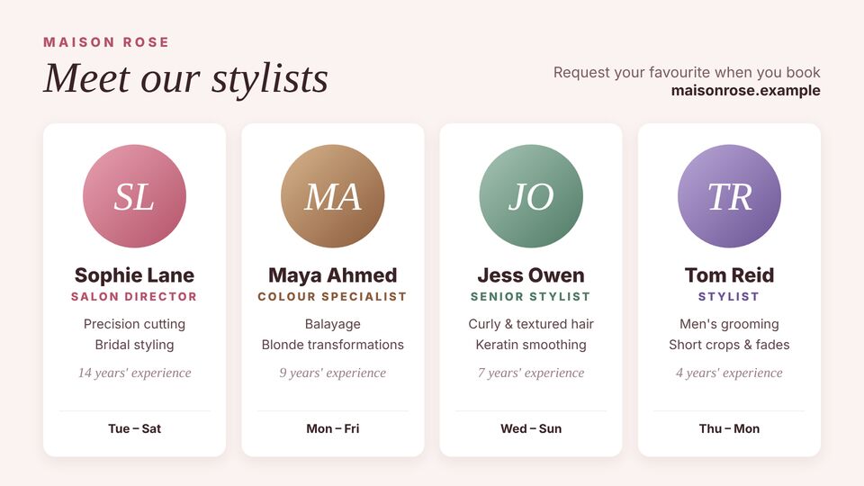 Salon & barber template: Meet our stylists. Four stylists with initials, role, specialities and working days.