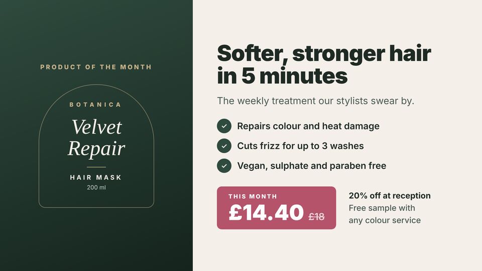 Salon & barber template: Product of the month. Feature one retail product with benefits and a monthly offer.
