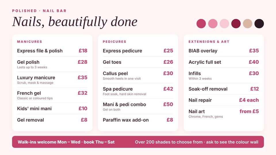 Salon & barber template: Nail bar price list. Blush-pink nail bar menu: manicures, pedicures, extensions and nail art, with a colour swatch strip.