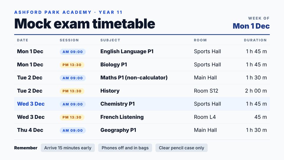 Education screen design: Exam timetable. Exam sessions with date, AM/PM, subject, room and duration.