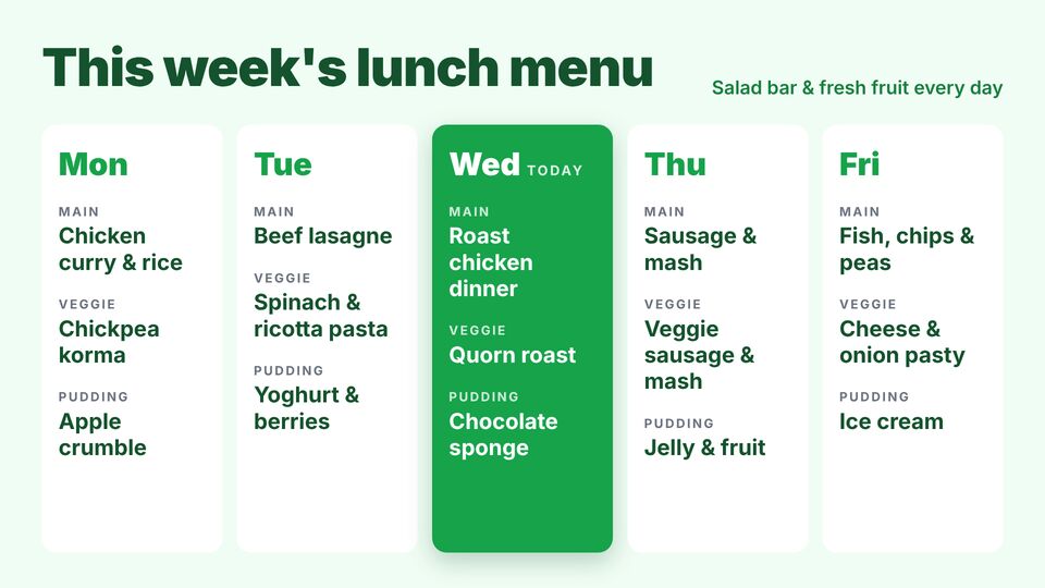 School screen design: Weekly lunch menu. Monday to Friday mains, veggie and pudding.