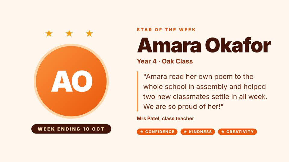 Education template: Star of the week. Celebrate a pupil with initials, class and what they achieved.