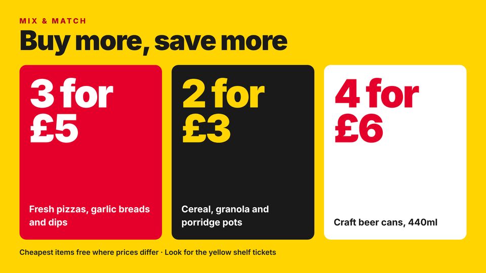 Supermarket template: Multibuy offers. Bold "3 for £5" and "2 for £3" style offers with the ranges they cover.