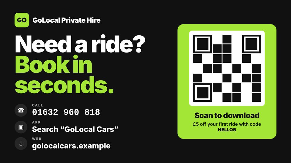 Taxi & private hire template: Book a ride. Bold booking poster with phone, app and website plus a styled QR-style block.