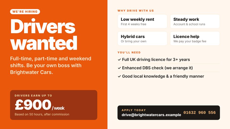 Taxi & private hire template: Drivers wanted. Recruitment poster for drivers: headline earnings, perks, requirements and how to apply.