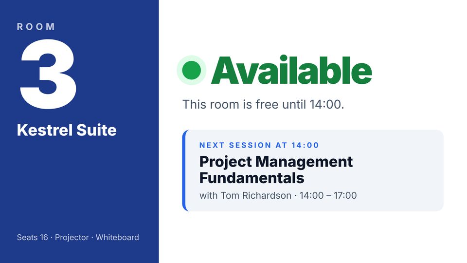 Training company screen design: Room sign: available. Room free now, with the next session time.