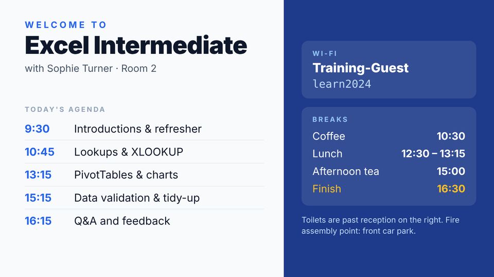 Training company template: Welcome to your course. Agenda, Wi-Fi and break times for delegates.