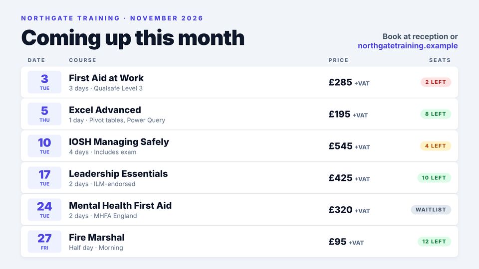Training company template: Course calendar. Upcoming courses this month with dates, duration, price and seats left.
