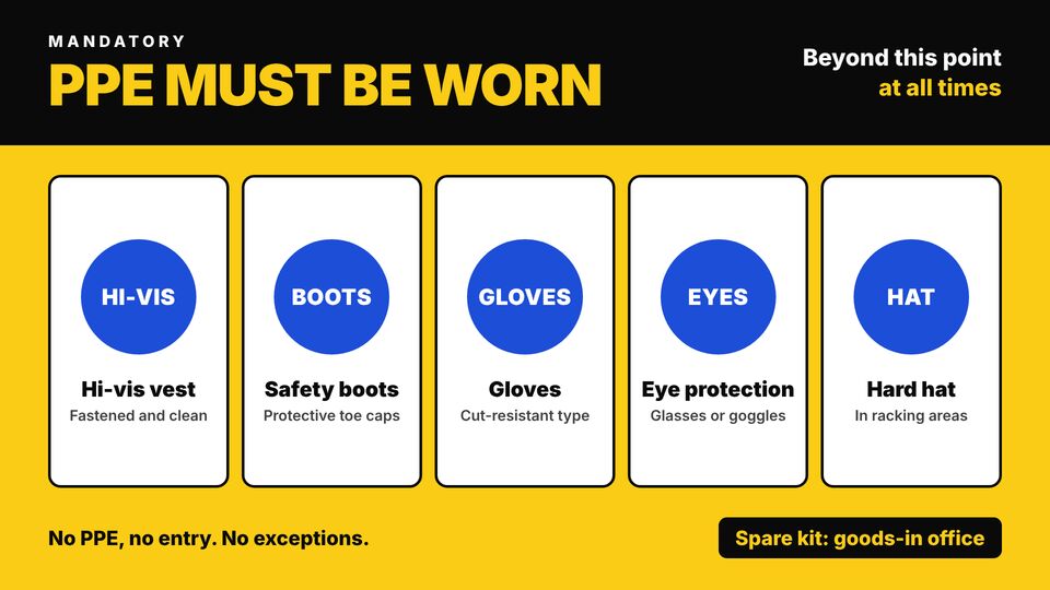 Warehouse & manufacturing screen design: PPE required. Mandatory PPE beyond this point: hi-vis, boots, gloves, eye protection and hard hat.