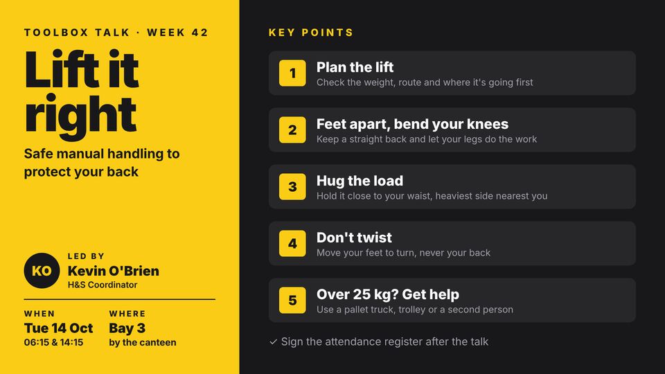 Warehouse & manufacturing screen design: Toolbox talk of the week. This week's safety briefing topic, key points, presenter and time.
