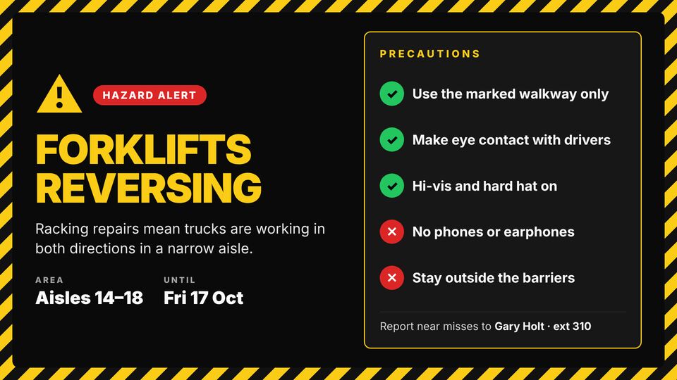 Warehouse & manufacturing template: Hazard alert. Bold warning for a live hazard: what, where, until when and precautions.